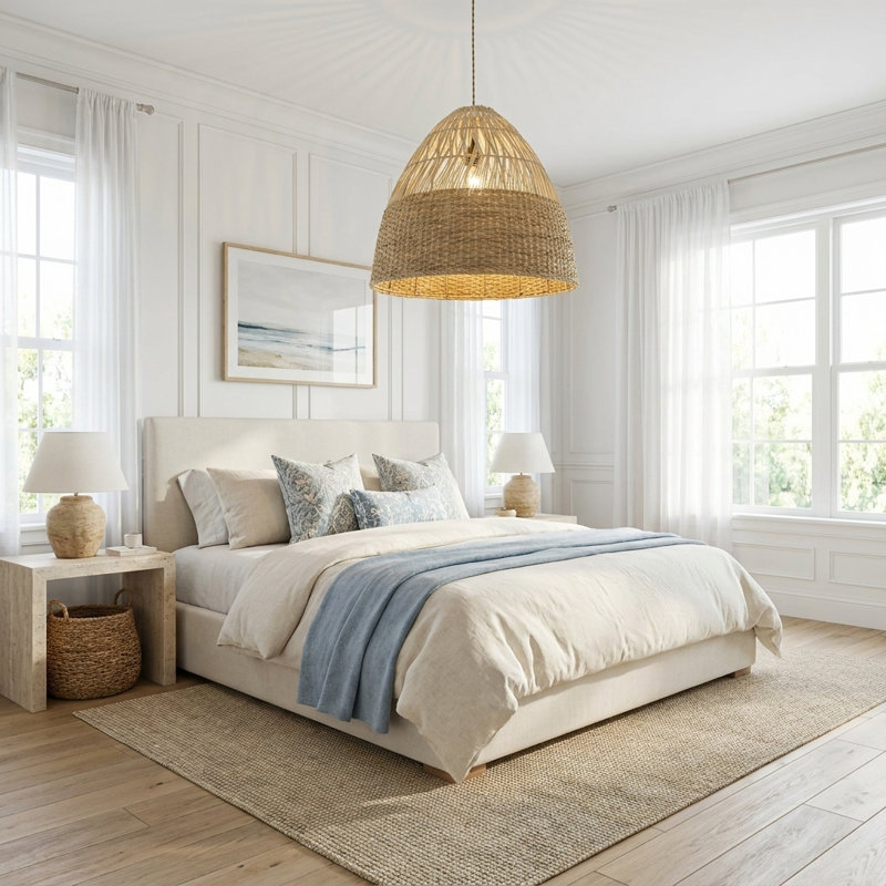 Luminaire suspendu en rotin 1 lumière Willa, Coastal Boho - tissé à la main