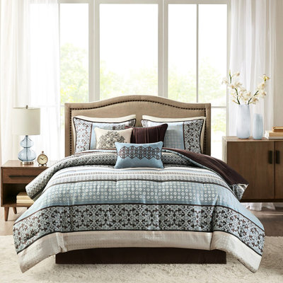 Édredon 7 pièces bleu très grand - géométrique avec bourre, avec jupe de lit et coussins de taille charmante, rembourrée, lavable à la machine