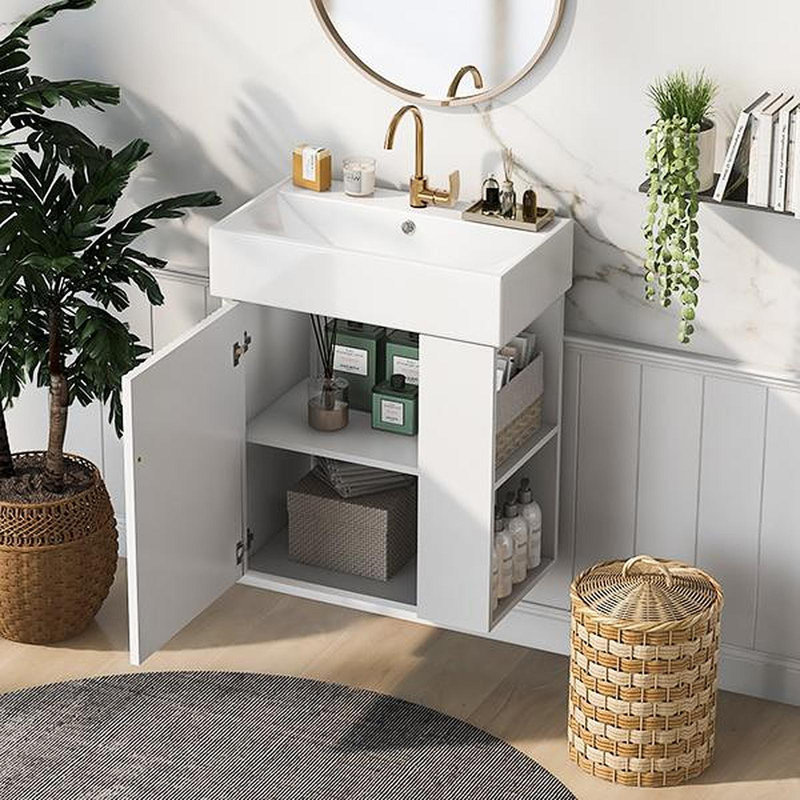 [Vidéo] Meuble-lavabo flottant moderne de 21,6 po avec lavabo en céramique - parfait pour les petites salles de bain, rangement à droite