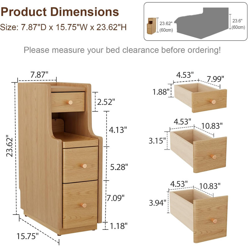 Solid Wood Nightstand with Raised Edge Top, Sliding Shelf, Cable Cutout & Skirting Board Clearance, Tan, 7.88" W