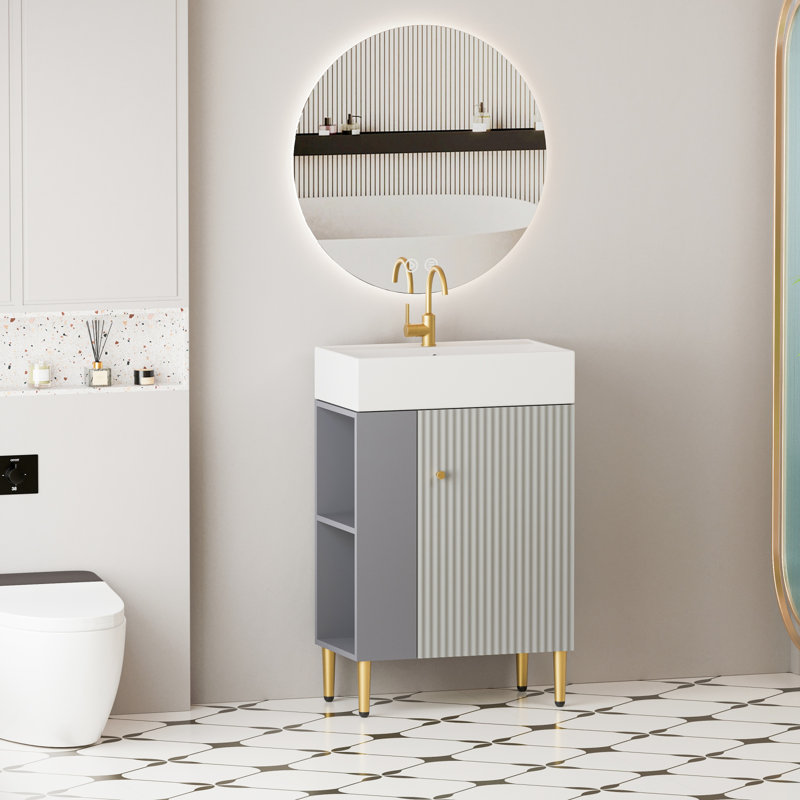 Meuble-lavabo à tablettes ouvertes de 21,6 po avec lavabo en céramique et porte à fermeture en douceur, armoire de rangement à tablettes ouvertes sur le côté gauche, assemblage requis, meuble-lavabo