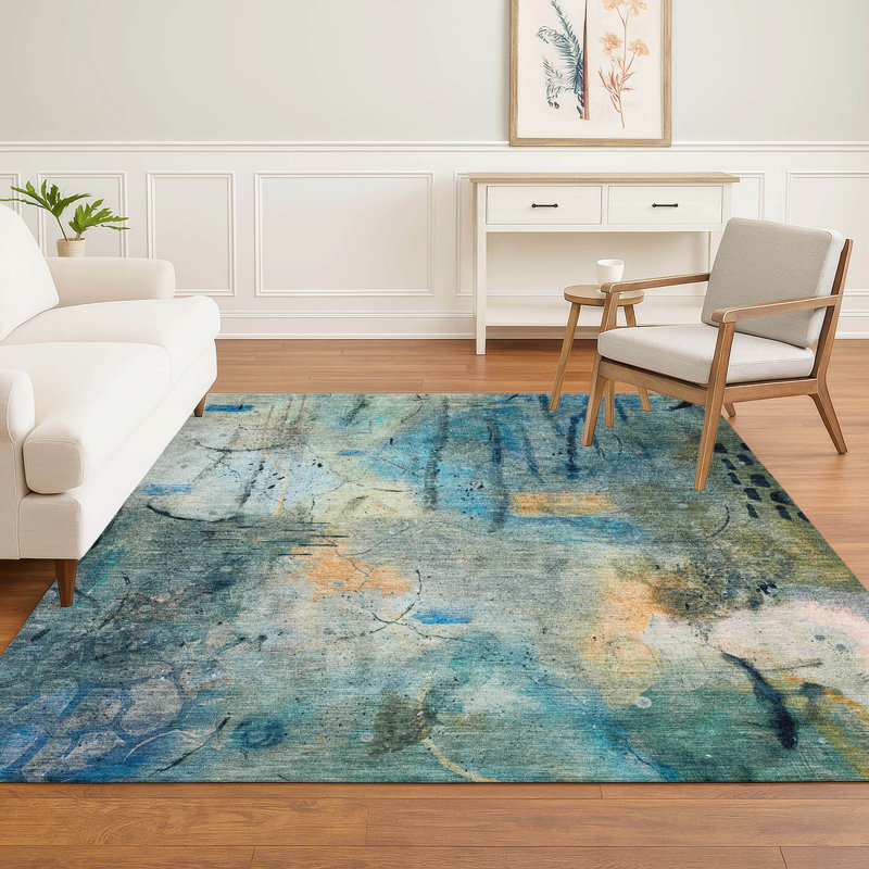 Premium Machine Washable Mayfield AMF2032 Abstract Rug, Teal, 5' x 7'6"