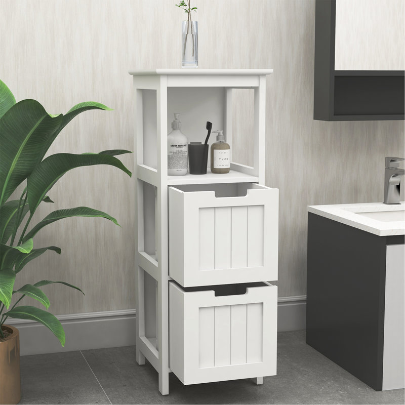 Bathroom Floor Cabinet With 2 Drawers And 1 Storage Shelf,Freestanding Wood Storage Organizer Cabinet-White