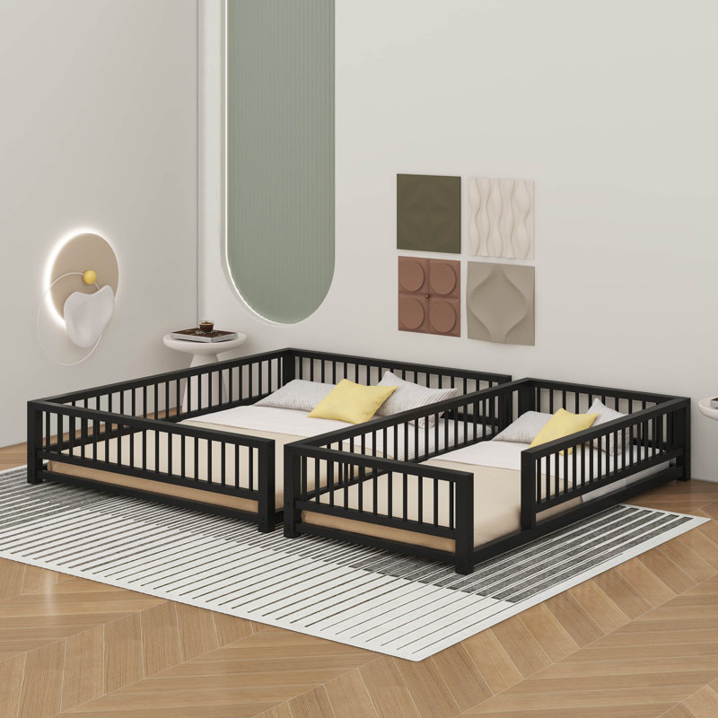 Twin XL Over Queen Floor Bunk Bed Frame With Ladder And Safety Guardrails, Black