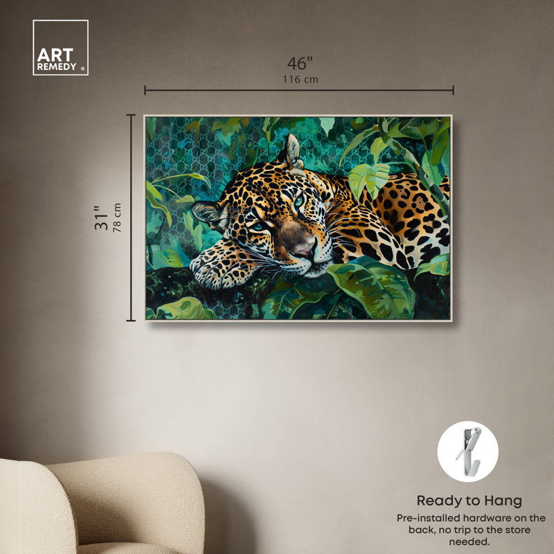 Art mural Jaguar Nap Tropical Jungle Animals par Art Remedy, Encadrement argenté, H 31 po x l 46 po