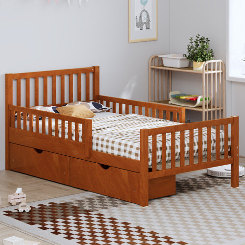 Lit plateforme simple en bois avec garde-corps des deux côtés et deux tiroirs de rangement, noyer, Noyer