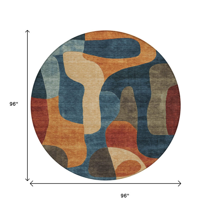Tapis extérieur rond lavable abstrait bleu marine et orange 8 pi