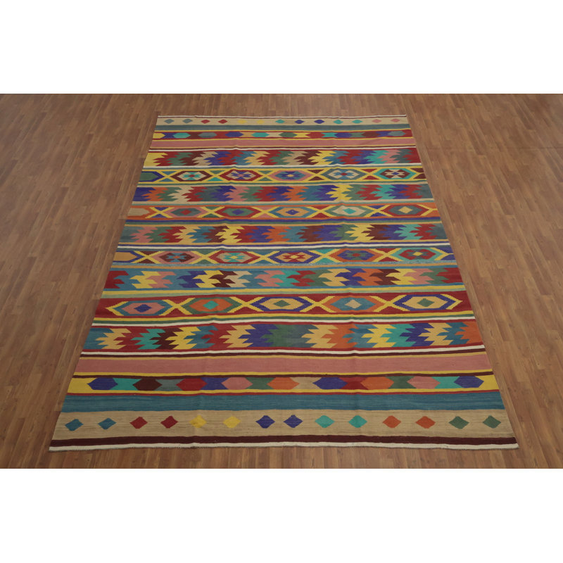 Tapis vibrant Kilim 9 x 13 avec attrait tribal audacieux