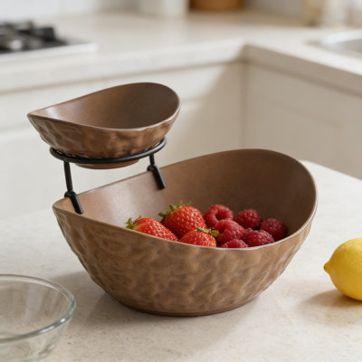 2 Tier Ceramic Fruit Bowl Set With Metal Stand - Kitchen Countertop Display For Fruits, Vegetables, Snacks, Nuts - Microwave & Dishwasher Safe