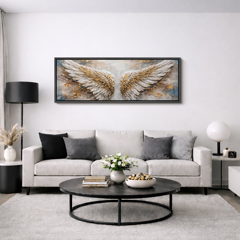 «White Gold Angel Wings», impression élégante sur toile abstraite, impression sur toile encadrée, Noir