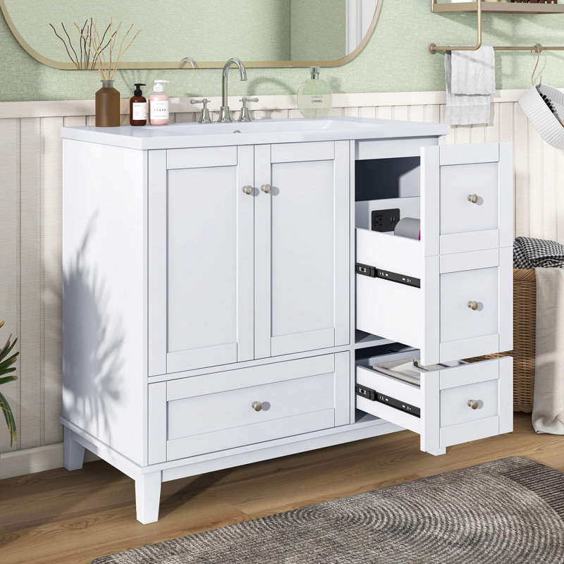 Meuble-lavabo moderne de 36 pouces avec chargement USB, deux portes et trois tiroirs avec meuble-lavabo, petit meuble-lavabo avec lavabo simple - robinets non inclus