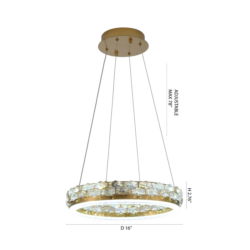 Luminaire suspendu en laiton 1 lumière DEL avec détails en cristal, 16", Laiton, 30 W