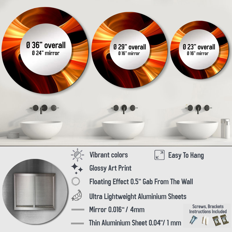 Orange Abstract Warm Fractal Design I - Fractals Wall Mirror, Modern Round Decorative Mirror, Printed Metal Art, 36" x 36"