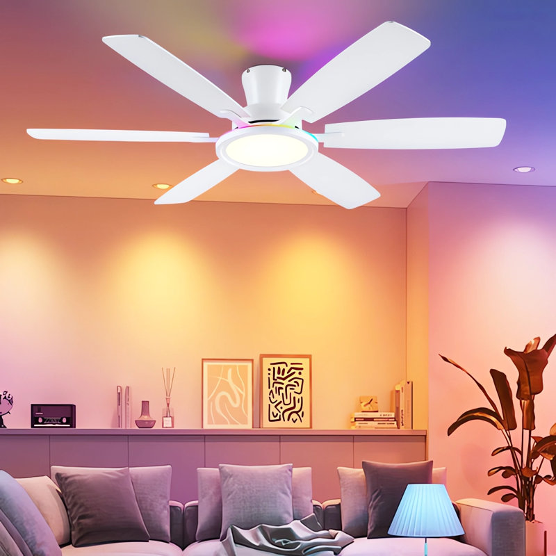 55" 6-blade White Ceiling Fans With Lights And Remote Control,RGB Multicolor Nightlight, White
