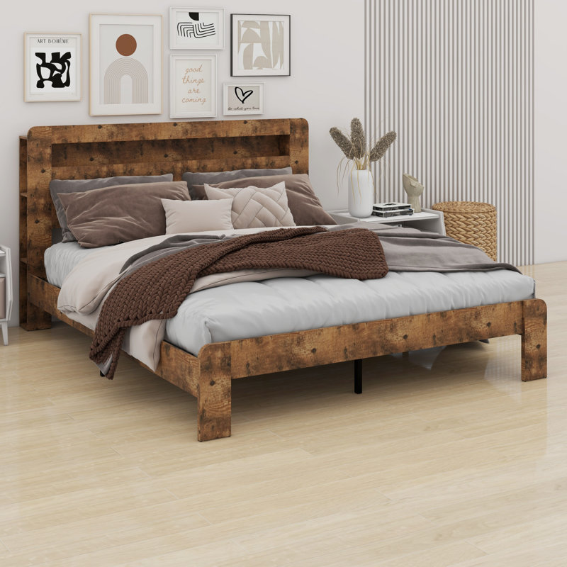 Structure de lit plateforme en bois avec tête de lit à DEL et USB