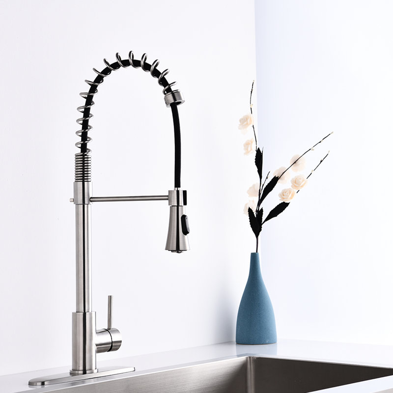Stainless Steel Kitchen Faucet In Brushed Nickel - Single Handle Spring High Arc, Pull Down , To Fracture And Corrosion Discoloration