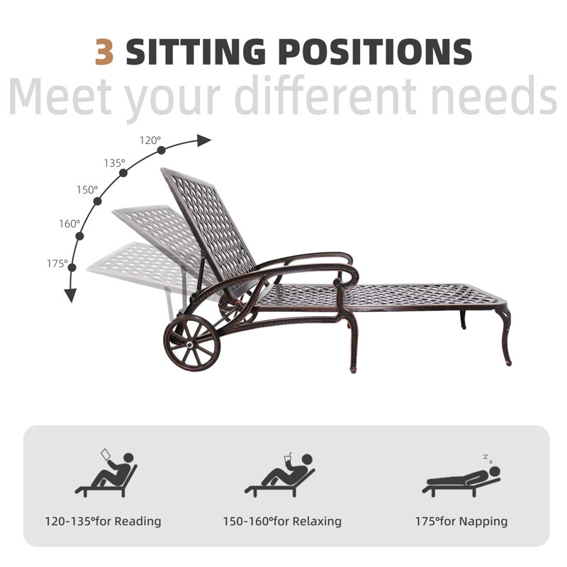 Outdoor Bronze Cast Aluminum Two Chaise Lounges and Table with Adjustable Backrest and Wheels