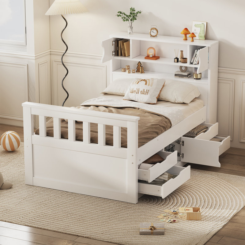 Base de lit plateforme avec bibliothèques de rangement, tablettes et tiroirs Captain, Blanc
