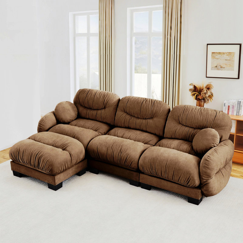 Canapé modulaire 3 places, canapé en L avec accoudoirs courbés, repose-pieds et coussins décoratifs, Brown Chenille