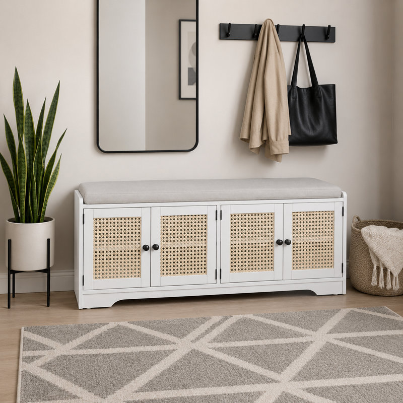 Banc de rangement en rotin avec siège rembourré Farmhouse, Blanc