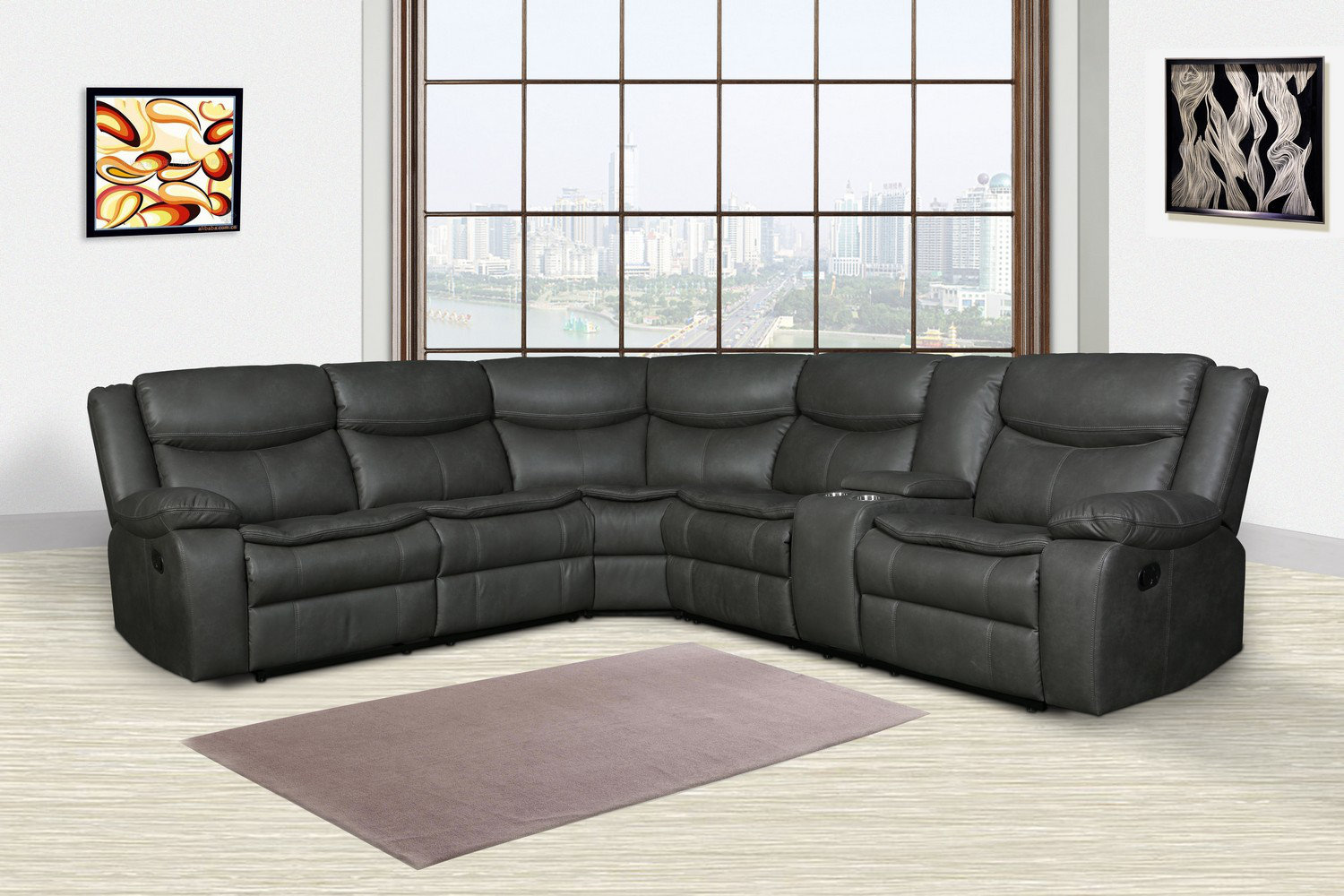 Gray Polyester Blend Reclining U Shaped Three Piece Corner Sectional With Console Gray Polyester Blend Reclining U Shaped Three Piece Corner Sectional With Console