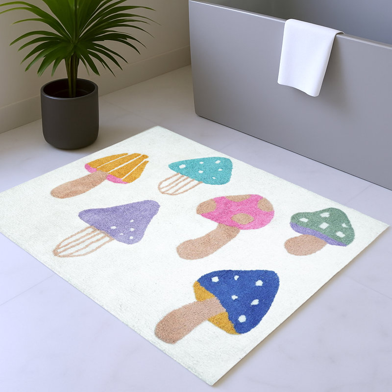 3' X 4' White Blue And Green Mushrooms Youthful Washable Area Rug