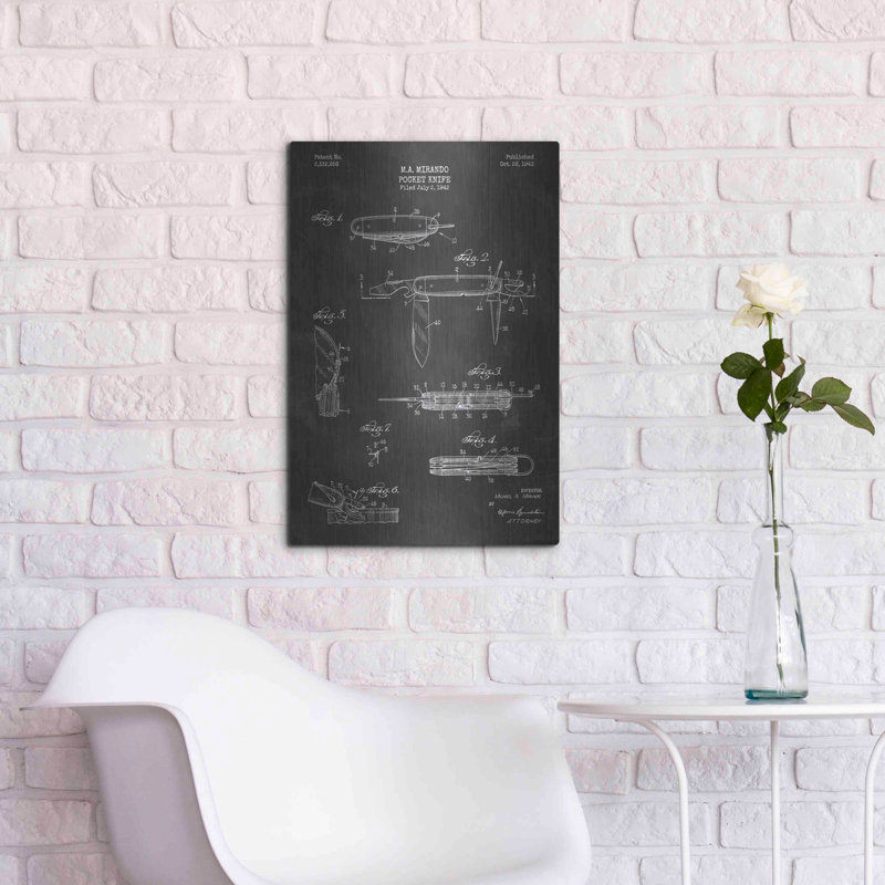 «Pocket Knife Blueprint Vernis Chalkboard», art mural en métal, H 24 po x l 16 po