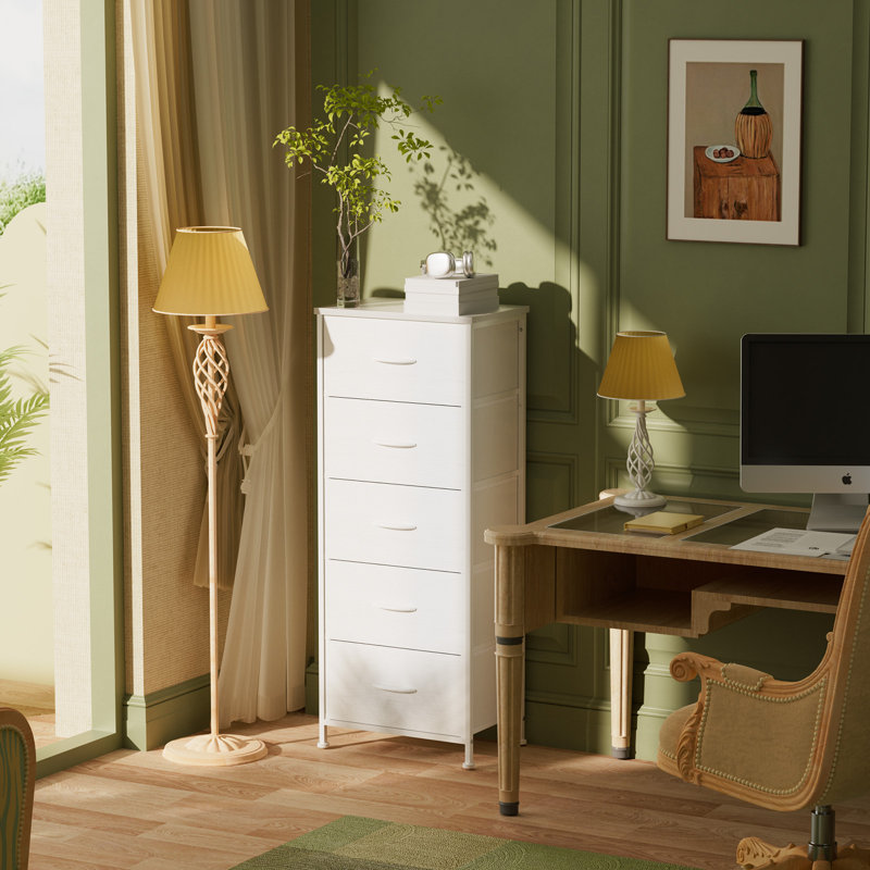  Dresser for Bedroom with 5 Drawer, Tall Storage Tower for Closet, Living Room, Fabric Dresser, White