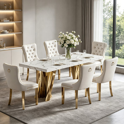 Modern Faux Marble Dining Table Set, Luxury 70.8" Dining Room Table with Velvet Upholstered Chairs, Luxurious Kitchen Table with Lightning Stainless Steel Pedestal, Rectangle Dining Table Set