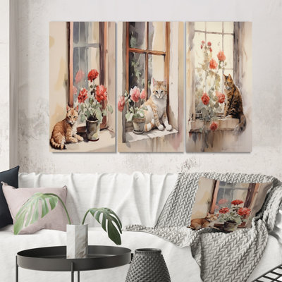 Orange Cat Sitting On Windowstill Watercolor - Animals Cat Art Set Of 3 Pieces