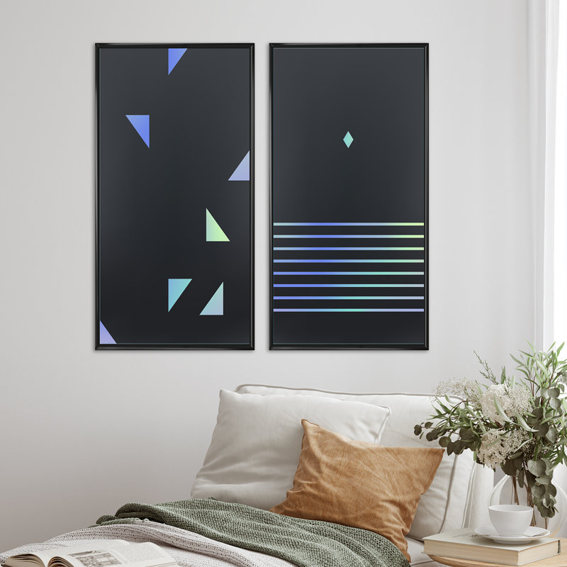 Ensemble de 2 peintures japonaises à motif géométrique rétro - 2 pièces, H 40 po x l 40 po x P 1,5 po, Toile encadrée noire