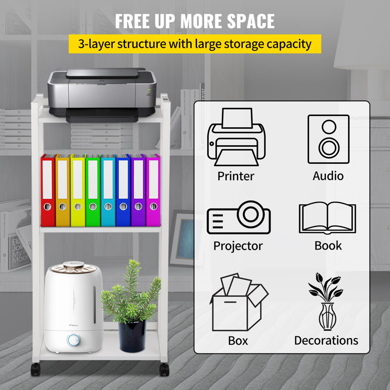 White 3-Tier Rolling Printer Cart with Adjustable Shelves