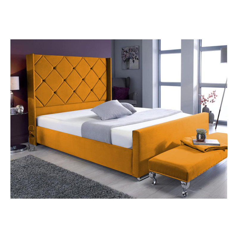 Descanso Chesterfield Velvet Upholstered Bed Frame - Buttoned Headboard, Chrome Feet, Mustard, Double (4'6)