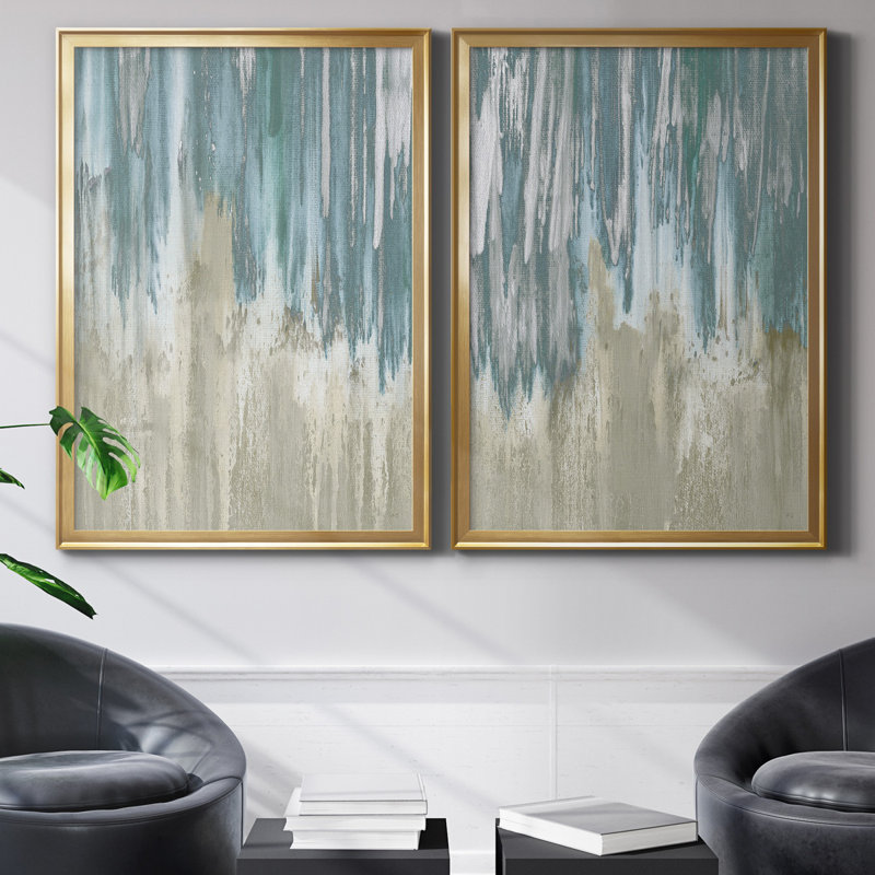 «Like a Waterfall I», ensemble de 2 reproductions, Pas de tapis, Toile encadrée dorée, H 26,5 po x l 73 po x P 1,5 po