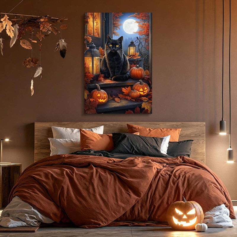 Black Cat Jack O Lantern Canvas Wall Art  30x45cm