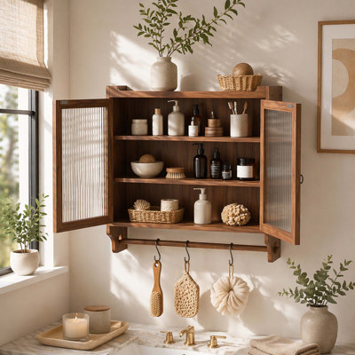 24.8"Glass Door Vintage Double Door Wall Cabinet with Three Tiers of Storage with Towel Rack, for Bathroom, Kitchen,Dining Room,Brown