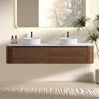 Meuble-lavabo 72 po avec lavabo, armoire murale en noyer avec porte-serviettes gratuit, lavabos doubles en céramique blanche, sans drain et robinet, pré-assemblé