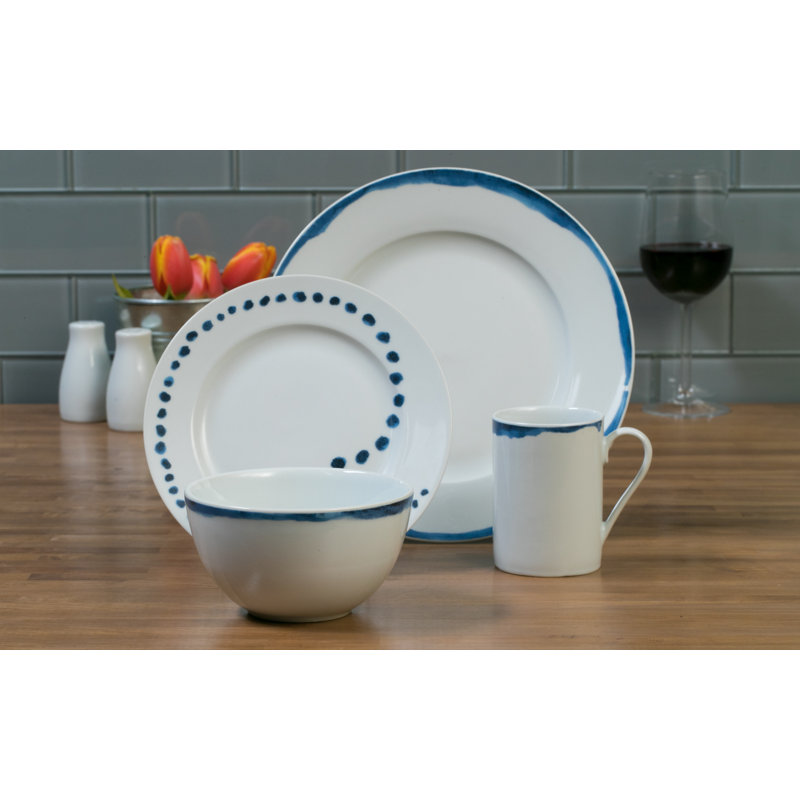 Isla White and Blue Porcelain 16-Piece Dinnerware Set