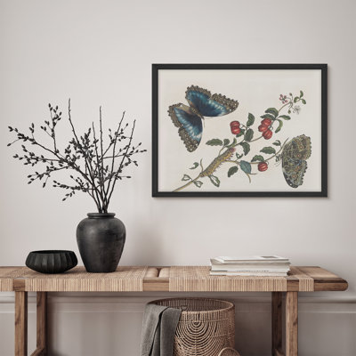 "Papillon chenille sur des branches de fruits, art encadré, affiches, salle de bain, petit art mural"