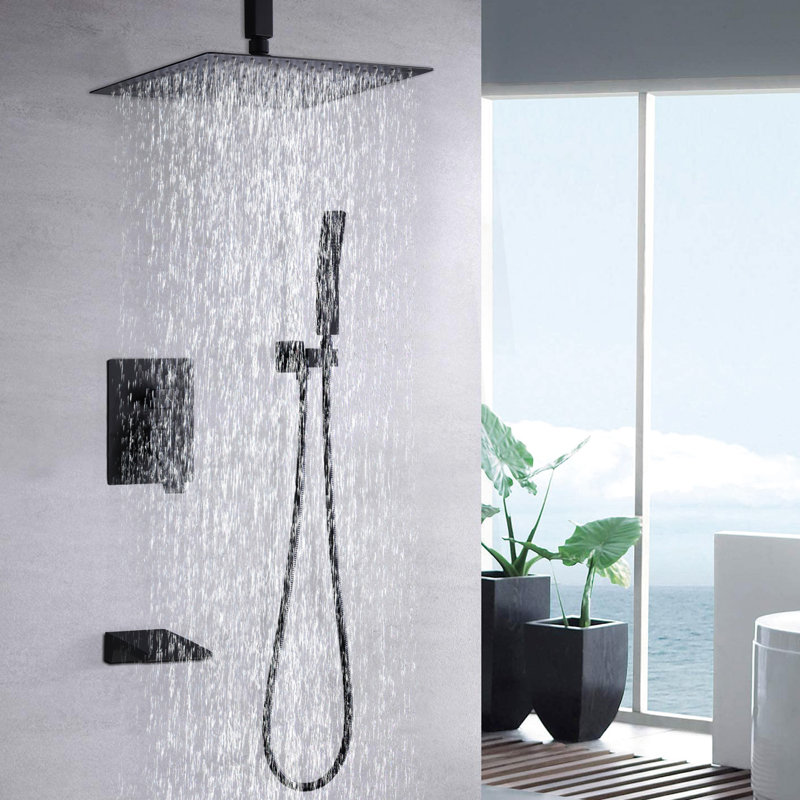 10" Shower System In Matte Black, Stainless Steel Construction, Balanced Ceramic Disc, , 3 Switch, Wall Mounted Black System, 31 Function, Faucet