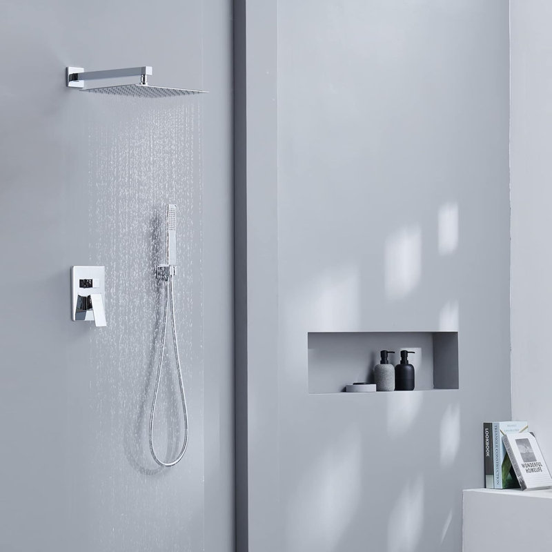 Iriber 12 Inch Wall Mounted Square Shower System With Rainfall Shower Head, Handheld Shower, Mixer Valve And Concealed Installation For Modern Bathroom