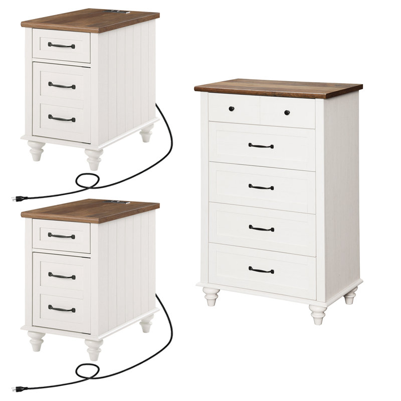 Ensemble 3 pièces de commode et table de chevet, une commode 5 tiroirs et deux tables de chevet, blanc
