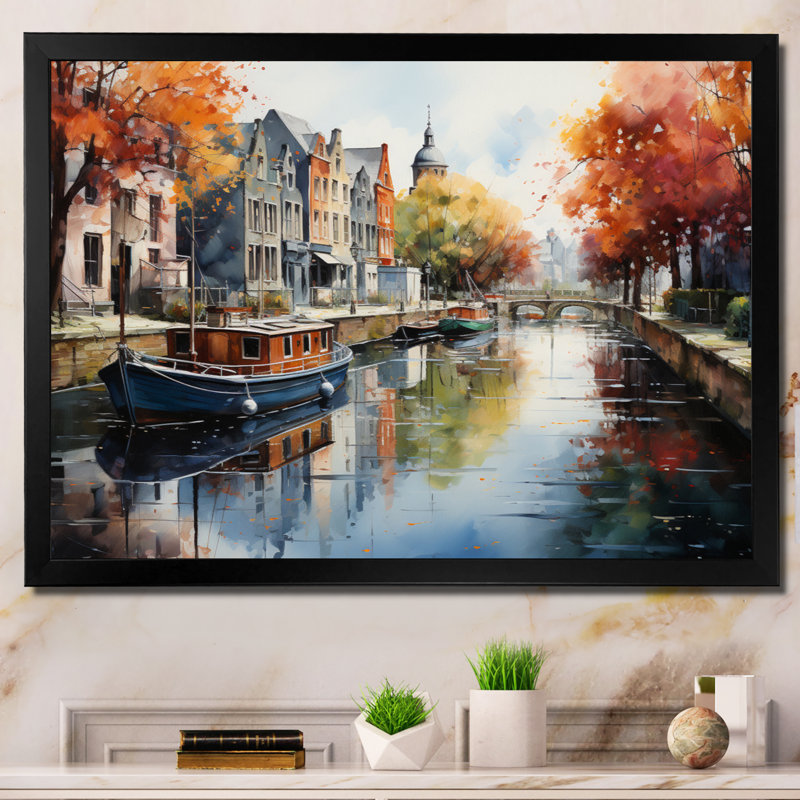 Orange Canal Vibrant Water Point Pointillism - impression, Cadre photo noir, H 30 po x l 40 po x P 1,5 po