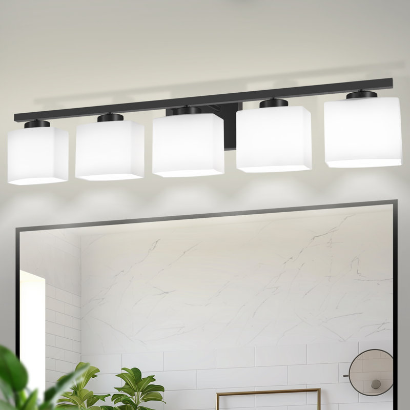 Modern 5-Light Black Vanity Fixture With Frosted Glass Shades