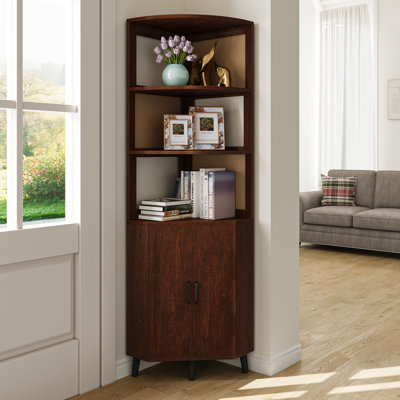 69.7’’H X 17.7’’ W Rattan And Wood Fan-Shaped Storage Bookcase With Doors, 3-Tier Corner Shelf With Cabinet