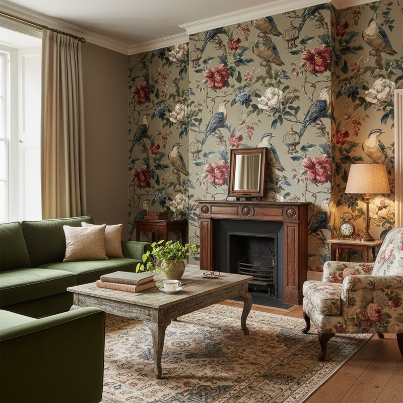 Papier peint floral rétro avec oiseaux