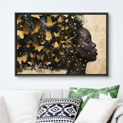 Elegance Black African American Girl Portrait Gold Butterfly Bedroom Artwork Framed Canvas Print Wall Art