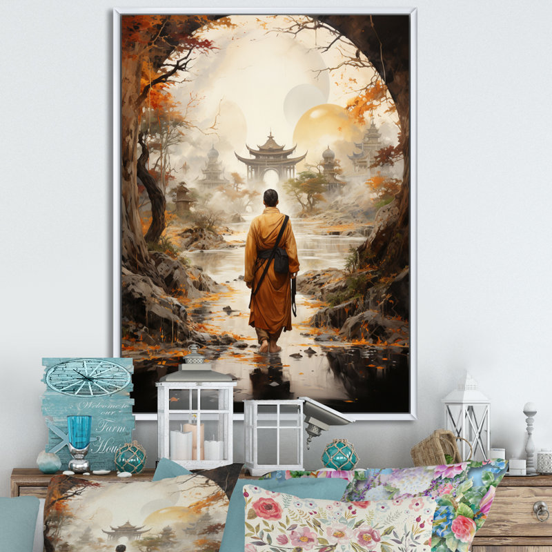 Art bouddhiste orange et beige, voyage de Bouddha, art mural bouddhisme, salon, L 34 po x H 44 po, Cadre flottant blanc