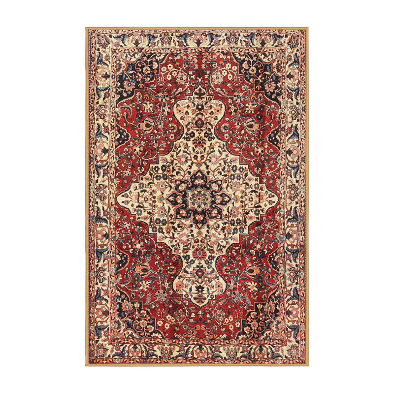 Tapis beige/rouge/noir traditionnel, Rectangle 5 pi x 7 pi