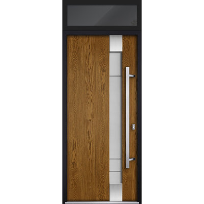 Front Exterior Prehung Steel Door / Deux 1713 Natural Oak / Top Exterior Black Window / Stainless Inserts Single Modern Painted-W36" x H80+16"-Left-hand Inswing